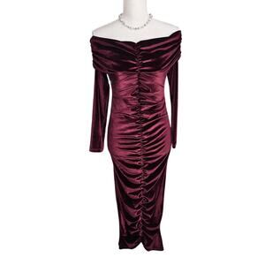 Miss Circle New Red Velvet Ruche Off shoulder Dress Maxi Dress Sz Small